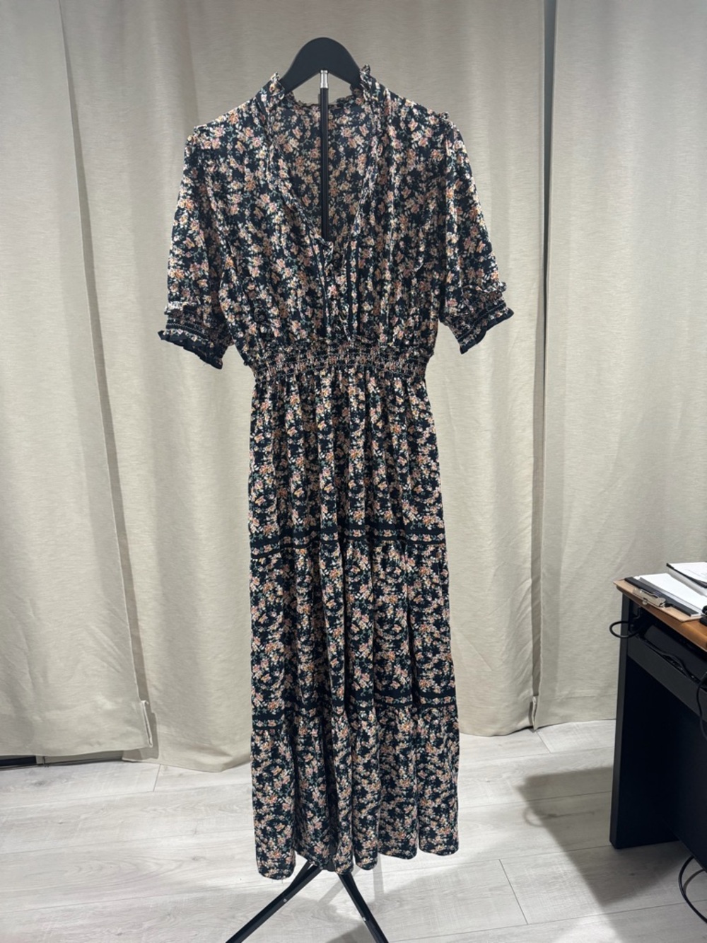 Max Studio Black Floral V-Neck Maxi Dress with Pink and Cream Blossoms